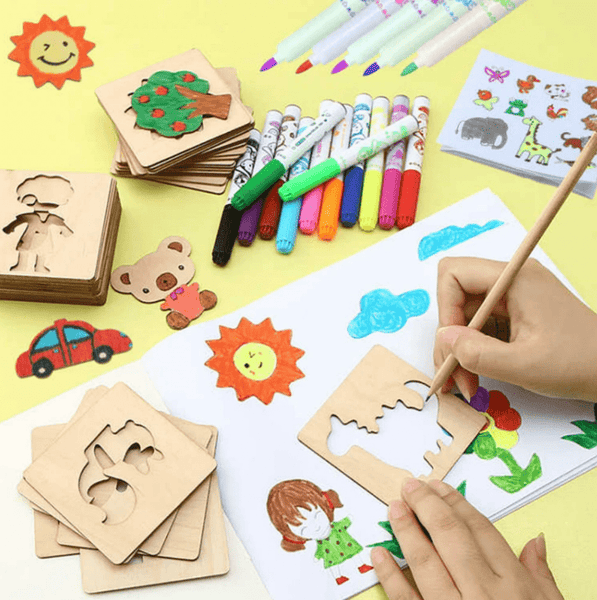 Montessori Kids Drawing Toys Wooden DIY Painting Stencils 20 Pcs Templates