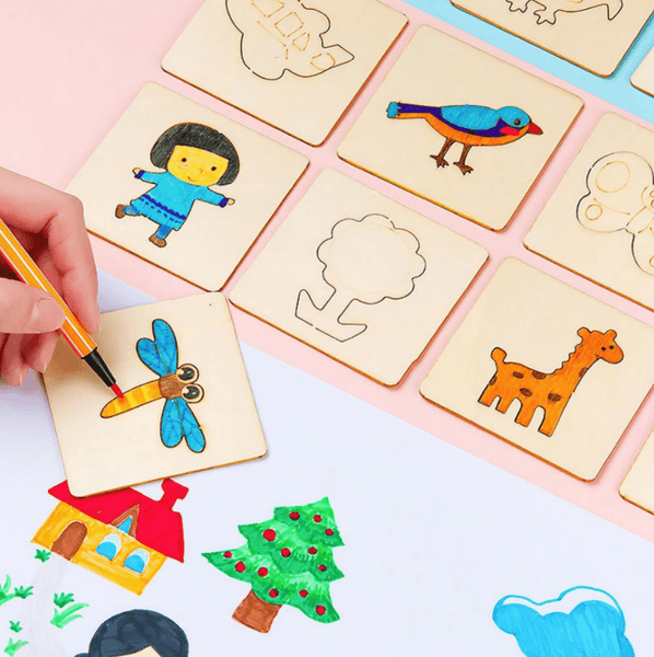 Montessori Kids Drawing Toys Wooden DIY Painting Stencils 20 Pcs Templates