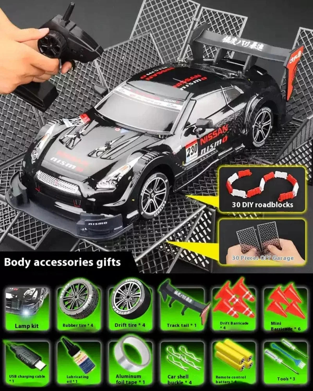 1/16 Scale 4WD RC Drift Car – High-Speed Racing with Stepless Control, Replaceable Tires & DIY Garage Set