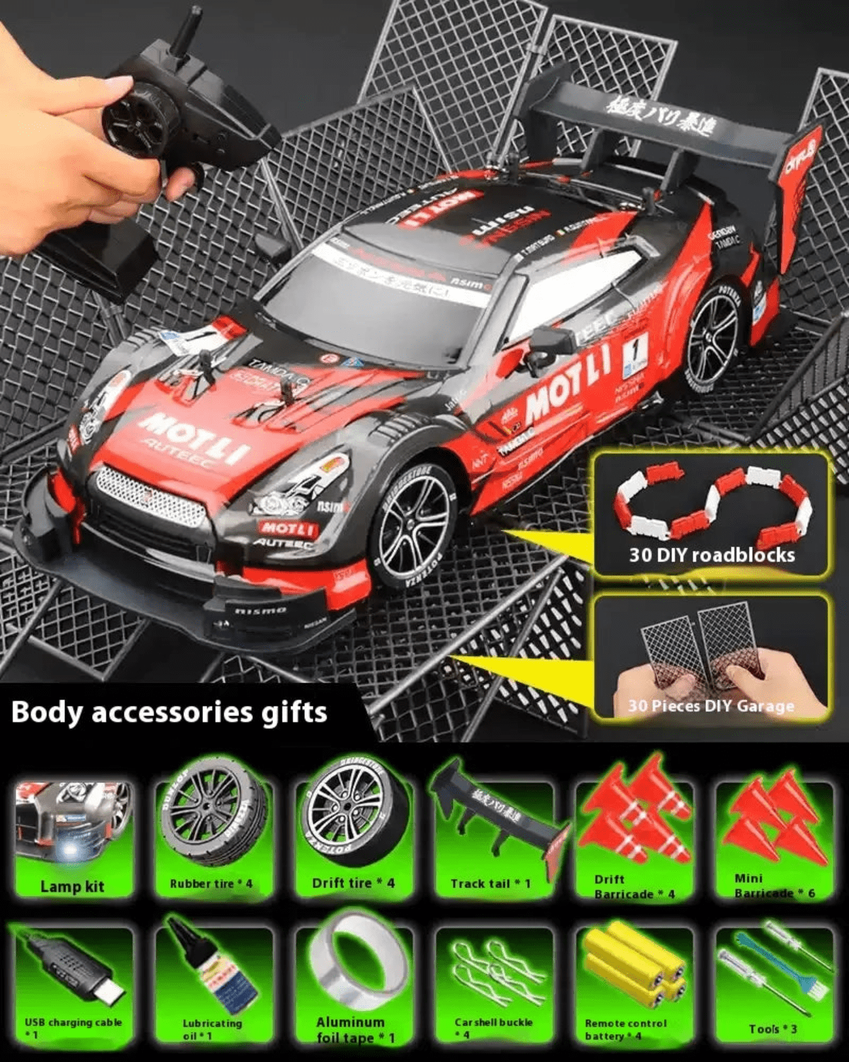 1/16 Scale 4WD RC Drift Car – High-Speed Racing with Stepless Control, Replaceable Tires & DIY Garage Set